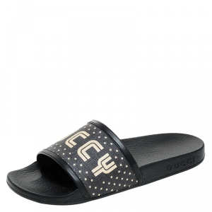 Pre Owned Gucci Black/Gold Coated Canvas Guccy Slip On Slides Size 35