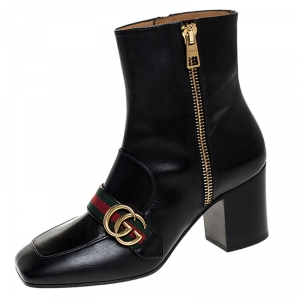 Pre Owned Gucci Black Leather GG Web Detail High Ankle Boots Size 40