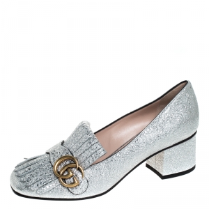 Pre Owned Gucci Silver Textured Leather GG Marmont Block Heel Pumps Size 38