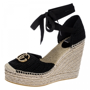 Pre Owned Gucci Black Crochet Lilibeth Logo Embellished Platform Wedge Espadrilles Size 38