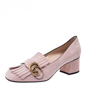 مملوكة مسبقًا Gucci Pink Suede GG Marmont Fringe Detail Block Heel Pumps Size 38.5