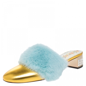 Pre Owned Gucci Metallic Gold Leather and Blue Mink Fur Slide Sandals Size 39