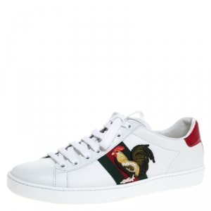 Gucci White Leather and Metallic Python Trim Rooster Web Detail Ace Sneakers Size 37.5