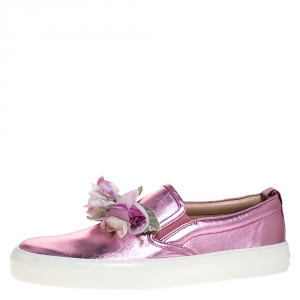 Gucci Metallic Pink Leather Rose Embellished Slip On Sneakers Size 38