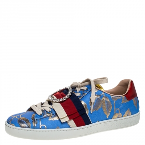 Gucci Blue Brocade Fabric Ace Web Crystal Embellished Low Top Sneakers Size 39