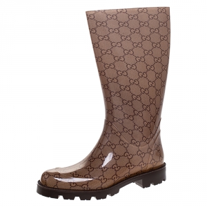 Pre Owned Gucci Brown GG Rubber Edimburg Rain Boots Size 36