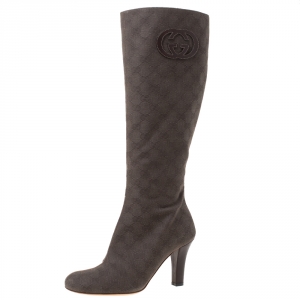 Pre Owned Gucci Dark Brown GG Canvas Knee Length Boots Size 37