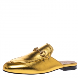 مملوكة مسبقًا Gucci Gold Leather Princetown Mule Sandals Size 37