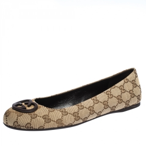 Gucci Beige GG Supreme Canvas Heart Shaped Interlocking GG Ballet Flats Size 40