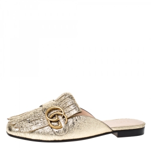 Pre Owned Gucci Gold Foil Leather Marmont Kiltie GG Fringe Mules Size 36