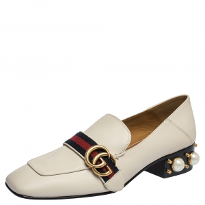 Pre Owned Gucci White Pearl Embellished Leather Double G Web Mid Heel Loafers Size 39