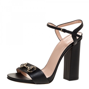 مملوكة مسبقًا Gucci Black Leather Horsebit Ankle Strap Block Heel Sandals Size 40