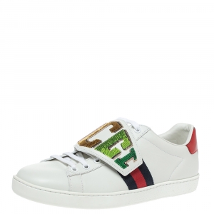 Gucci White Leather Ace Rainbow Patch Low Top Sneaker Size 38.5 