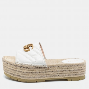 مملوكة مسبقًا Gucci White Leather Double G Logo Leather Espadrilles Size 38