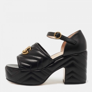 مملوكة مسبقًا Gucci Black Matelasse Leather GG Marmont Platform Ankle Strap Sandals Size 38