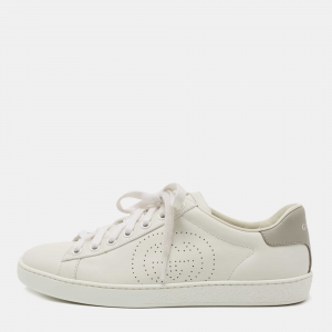 Gucci White/Grey Leather Perforated GG Ace Sneakers Size 37