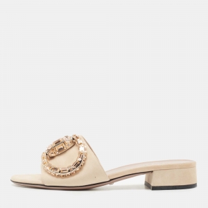 Gucci Beige Suede Crystal Horsebit Maxime Slide Sandals Size 37.5