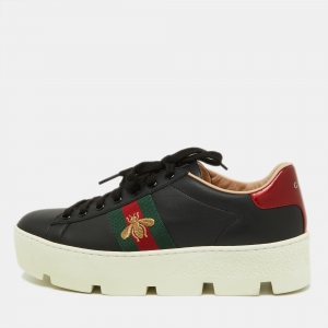 Gucci Black Leather Embroidered Bee Ace Platform Sneakers Size 37