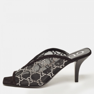 Pre Owned Gucci Black GG Crystal Embellished Mesh Mules Size 38.5