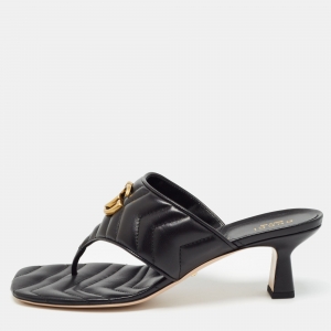 Gucci Black Leather Double G Thong Sandals Size 39