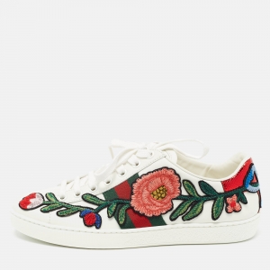 Pre Owned Gucci White Leather Floral Embroidered Ace Sneakers Size 35.5