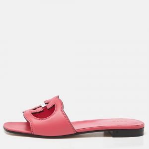 Pre Owned Gucci Pink Leather Interlocking G Cut Out Flat Slides Size 37.5