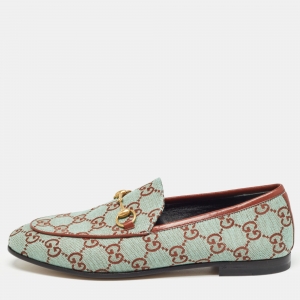 Gucci Green/Brown GG Canvas and Leather Jordaan Loafers Size 38