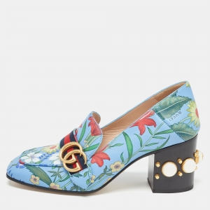 Pre Owned Gucci Blue Floral Print Leather GG Marmont Loafer Pumps Size 38.5