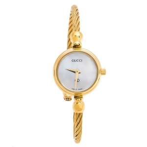 Gucci White Mother Of Pearl Yellow Gold Tone Stainless Steel 2700 Series Rope Bangle Women's Wristwatch 20 mm