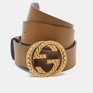 Gucci Brown Leather Spike Interlocking G Buckle Belt 90CM