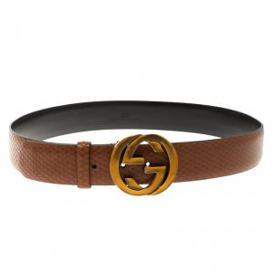 مملوكة مسبقًا Gucci Brown Snake Embossed Leather Interlocking GG Buckle Belt 95cm