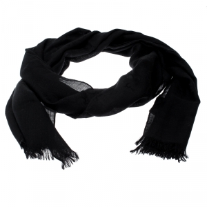 Pre Owned Gucci Black Wool and Silk Jacquard Fringed Edge Guccissima Scarf  