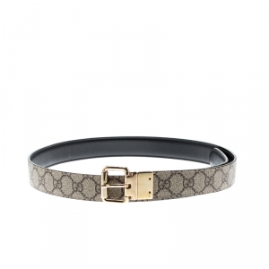 مملوكة مسبقًا حزام غوتشي كانفاس وجلد GG أسود وبيج بوجهين