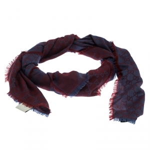 Pre Owned Gucci Grey and Burgundy Guccissima Jacquard Pattern Wool and Silk Fringed Square Scarf