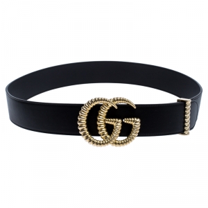 Pre Owned Gucci Black Leather GG Marmont Buckle Belt 90CM