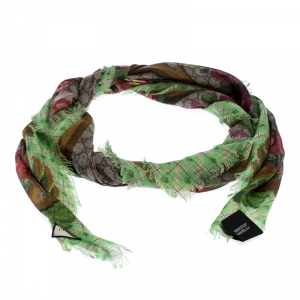 Pre Owned Gucci Multicolor Flower Vase Print Silk Modal Scarf 
