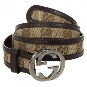 Pre Owned Gucci Guccissima Canvas &amp; Leather GG Buckle Belt 83 CM