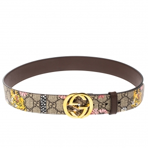 مملوكة مسبقًا Gucci Beige/Brown GG Supreme Bengal Print Canvas Interlocking G Buckle Belt 90CM