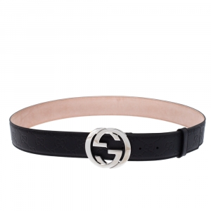 Pre Owned Gucci Black Guccissima Leather Interlocking G Belt 95CM