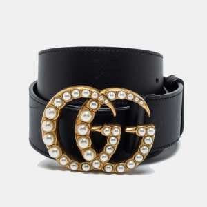 مملوكة مسبقًا Gucci Black Leather Pearl Embellished Double G Buckle Belt 85 CM