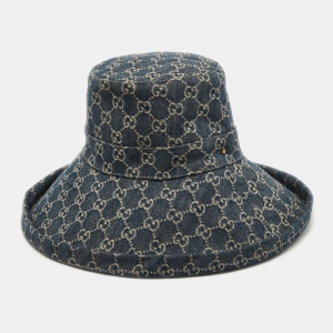 Pre Owned Gucci Blue Washed Denim GG Monogram Wide Brim Bucket Hat L