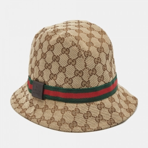 Gucci Beige Web Detail GG Canvas Bucket Hat S