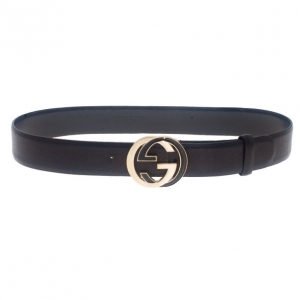Pre Owned Gucci Black Leather Interlocking G Leather Belt 85CM
