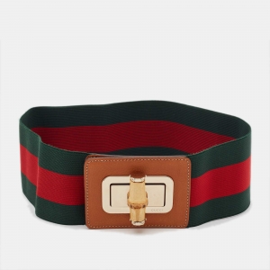 Gucci Green/Red Elastic and Leather Web Bamboo Waist Belt 65 CM