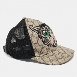 Pre Owned Gucci Beige Mystic Cat Embellished Canvas & Mesh Baseball Cap S