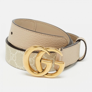 Gucci Beige GG Supreme Canvas and Leather GG Marmont Slim Belt 90 CM