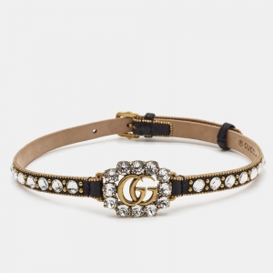 Gucci GG Crystals Leather Gold Tone Choker Necklace
