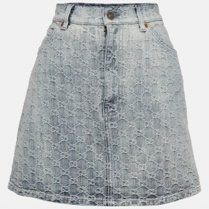 Pre Owned Gucci Blue Logo Monogram Patterned Denim Mini Skirt S