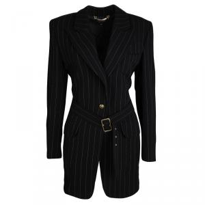 Gucci Black Wool Pinstriped Belted Long Blazer S