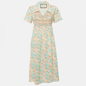 Gucci x Liberty Blue Floral Print Wool Shirring Detail Midi Dress M